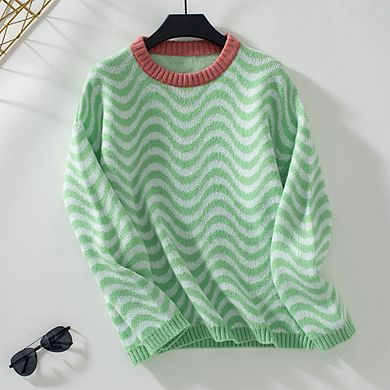 Women's Long Sleeve Crew Neck Sweater Wave Pattern Pullover Sweater Casual Winter Knit