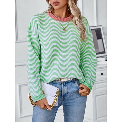 Women's Long Sleeve Crew Neck Sweater Wave Pattern Pullover Sweater Casual Winter Knit
