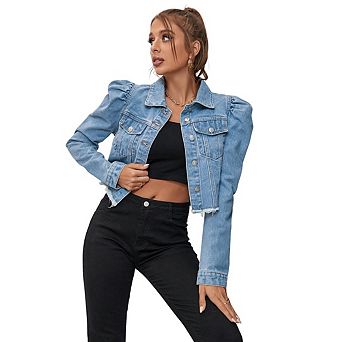 Women's Short Lapel Denim Jacket Long Sleeve Pleated Denim Coat