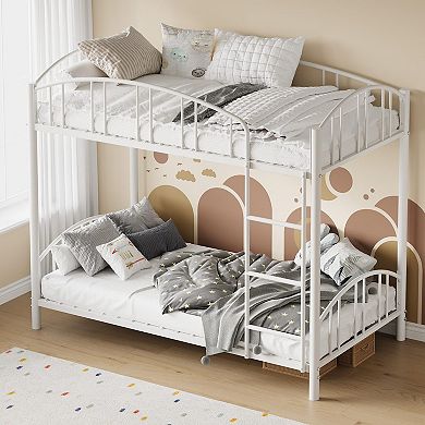 Metal Bunk Bed Twin Over Twin, Heavy Duty Bunkbeds Frame w/Arched Guardrail and Safety Ladder