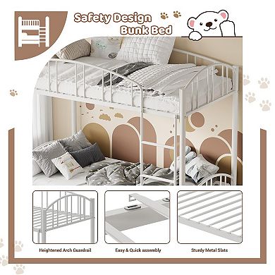 Metal Bunk Bed Twin Over Twin, Heavy Duty Bunkbeds Frame w/Arched Guardrail and Safety Ladder