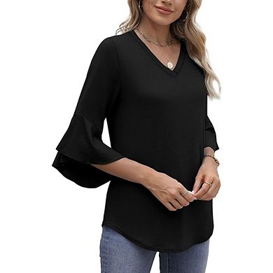 Womens 3/4Sleeve Tops with Buttons V-Neck Summer Outfits Casual Blouses Beach Vacation Fall Clothes