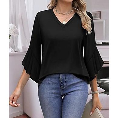 Womens 3/4Sleeve Tops with Buttons V-Neck Summer Outfits Casual Blouses Beach Vacation Fall Clothes