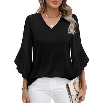Womens 3/4Sleeve Tops with Buttons V-Neck Summer Outfits Casual Blouses Beach Vacation Fall Clothes