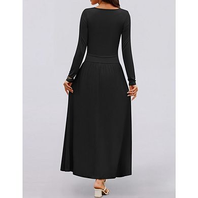 Women's Long Sleeve Fall Maxi Dress Crewneck Knit Casual Slim Swing Pleated Dresses with Pockets