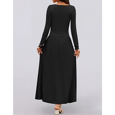 Women's Long Sleeve Fall Maxi Dress Crewneck Knit Casual Slim Swing Pleated  Dresses with Pockets