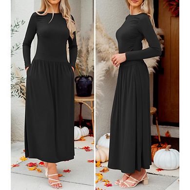Women's Long Sleeve Fall Maxi Dress Crewneck Knit Casual Slim Swing Pleated Dresses with Pockets