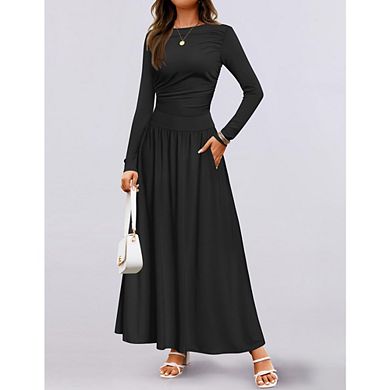 Women's Long Sleeve Fall Maxi Dress Crewneck Knit Casual Slim Swing Pleated Dresses with Pockets