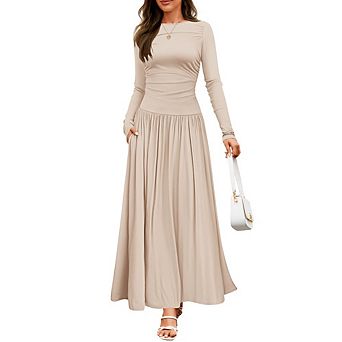 Women's Long Sleeve Fall Maxi Dress Crewneck Knit Casual Slim Swing Pleated Dresses with Pockets