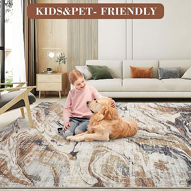 Modern Abstract Machine Washable Living Room Rug, Non Slip Floor Carpet, Low Pile Foldable Rug