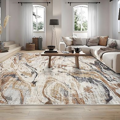 Modern Abstract Machine Washable Living Room Rug, Non Slip Floor Carpet, Low Pile Foldable Rug