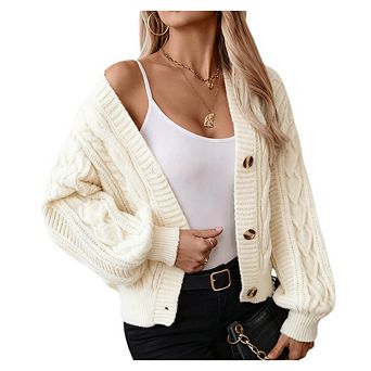 Women Chunky Cable Knit Cardigan Sweater V Neck Lantern Sleeve Sweater Button Vintage Loose Outwear