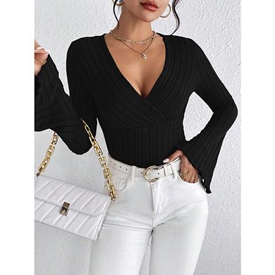 Women Flared Sleeves Shirts Sweater V Neck Ribbed Knit Slim Fit Wrap Top Fall Casual Clothes