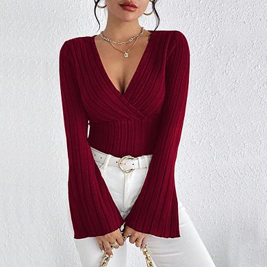 Women Flared Sleeves Shirts Sweater V Neck Ribbed Knit Slim Fit Wrap Top Fall Casual Clothes