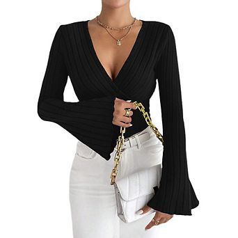 Women Flared Sleeves Shirts Sweater V Neck Ribbed Knit Slim Fit Wrap Top Fall Casual Clothes