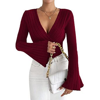 Women Flared Sleeves Shirts Sweater V Neck Ribbed Knit Slim Fit Wrap Top Fall Casual Clothes