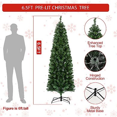 6.5 Ft Prelit Pencil Christmas Tree, Slim Xmas Tree with 586 Branch Tips, 250 LED Lights