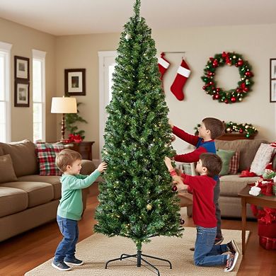 6.5 Ft Prelit Pencil Christmas Tree, Slim Xmas Tree with 586 Branch Tips, 250 LED Lights