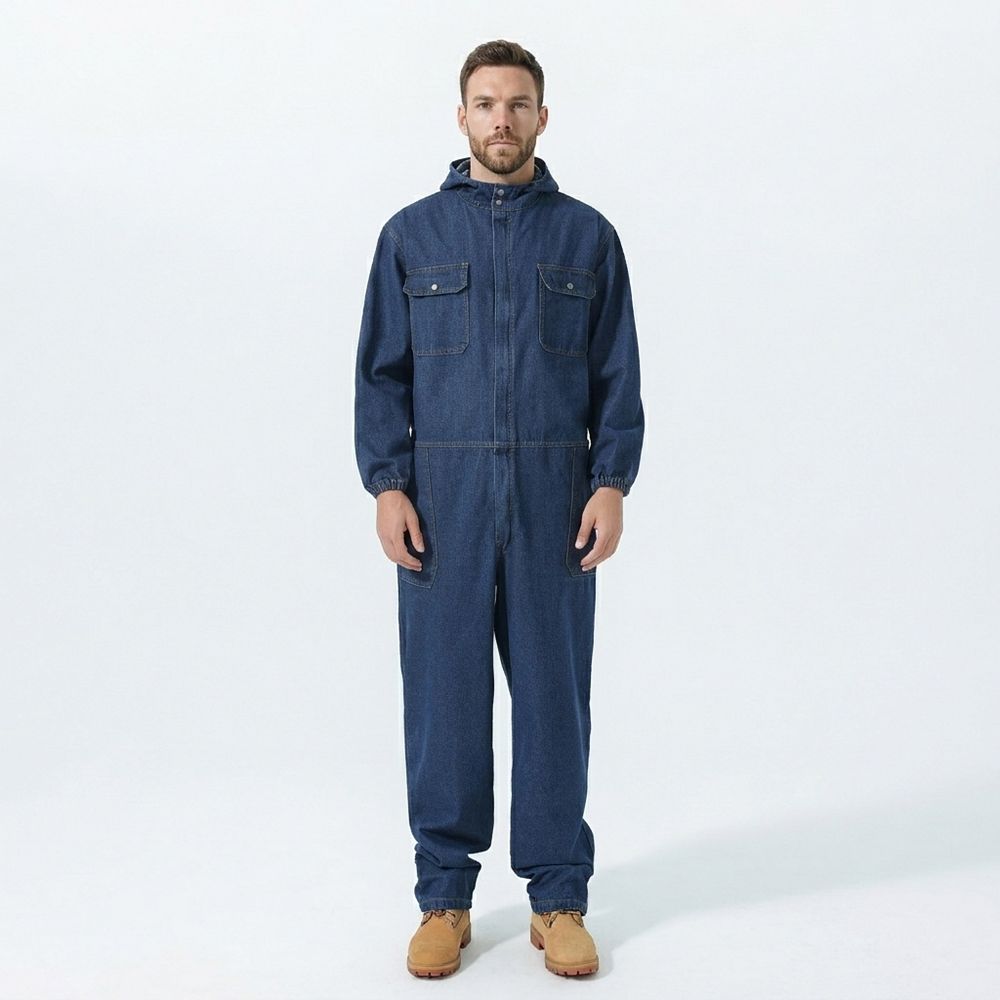 Men's Long Sleeve Denim Coverall Cotton Workwear with Utility Pockets