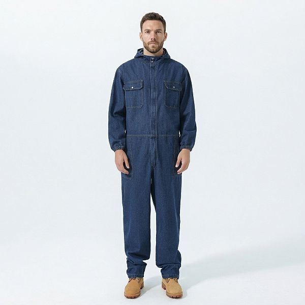 Men's Long Sleeve Denim Coverall Cotton Workwear with Utility Pockets