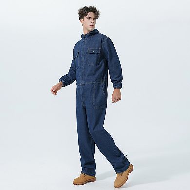 Men's Long Sleeve Denim Coverall Cotton Workwear with Utility Pockets