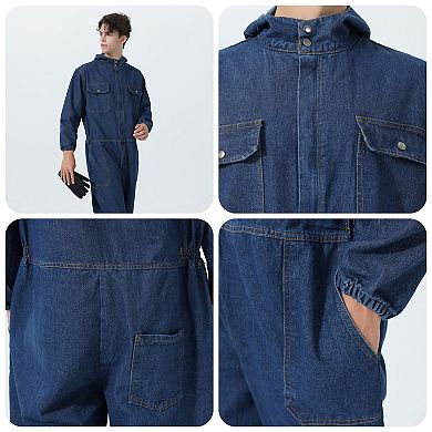 Men's Long Sleeve Denim Coverall Cotton Workwear with Utility Pockets