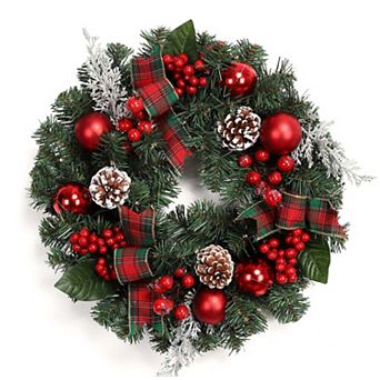 18 in Prelit Christmas Wreath with 15 Lights, Red Green Ribbon, Pinecones, Red Balls & Berries