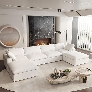 6-Seater Down Filled Convertible Couch, 160.6" U-Shaped Sectional with Storage Ottoman