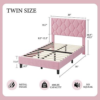 Bed Frame w/Upholstered Headboard, Platform Bed Frame with Strong Wood Slats, Noise Free