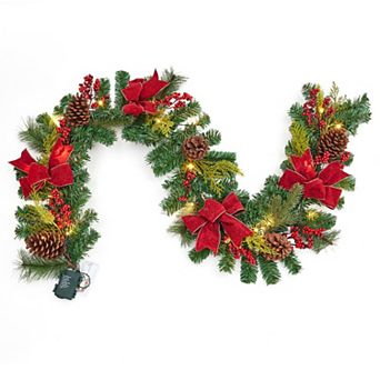 6ft Artificial Christmas Garland with 20 LED Lights, Pine Cones, Red Berries & Bows