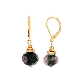 1928 Gold-Tone Black Bead Flower Drop Earrings