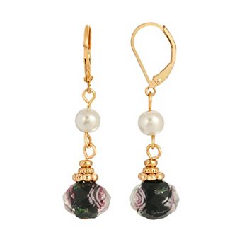 1928 Gold-Tone Faux Pearl & Floral Drop Bead Earrings