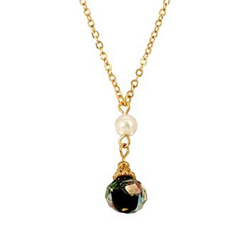 1928 Gold-Tone Faux Pearl & Floral Bead Drop Pendant Necklace