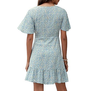Women's Short Sleeve V-Neck Mini Dress with Ruffle Hem and Abstract Print