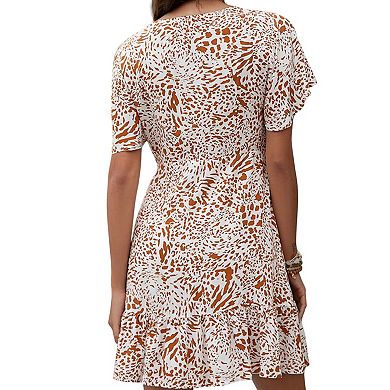 Women's Short Sleeve V-Neck Mini Dress with Ruffle Hem and Abstract Print