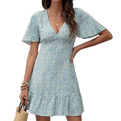 Women's Short Sleeve V-Neck Mini Dress with Ruffle Hem and Abstract Print