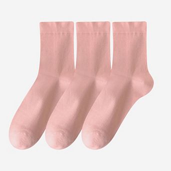 Women's Minimalist Solid Pink Crew Socks 3-Pack Soft Cotton Blend Comfort Fit Seamless Toe Design