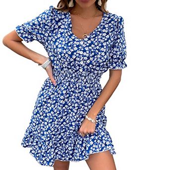 Women's Short Sleeve Floral Print Mini Dress with Smocked Waist and Ruffle Hem