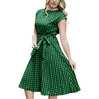 Women's Polka Dot Midi Dress with Cap Sleeves Pleated Skirt and Waist Tie Belt