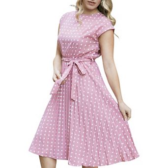 Women's Polka Dot Midi Dress with Cap Sleeves Pleated Skirt and Waist Tie Belt