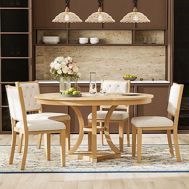 Whisen 5-Piece Vintage Extendable Dining Table Set with Removable Leaf and Cushioned Chairs