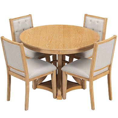 Whisen 5-Piece Vintage Extendable Dining Table Set with Removable Leaf and Cushioned Chairs