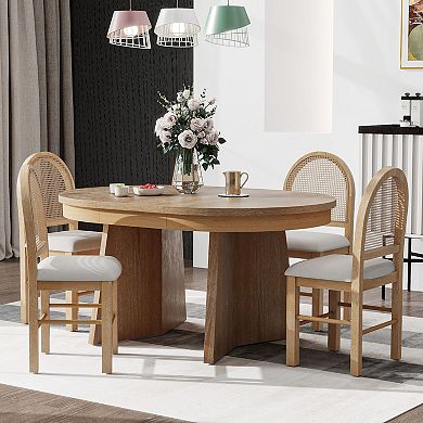 Whisen 5-Piece Retro Extendable Dining Table Set, Round Dining Table Set with 4 Upholstered Chairs