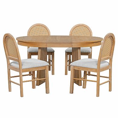 Whisen 5-Piece Retro Extendable Dining Table Set, Round Dining Table Set with 4 Upholstered Chairs