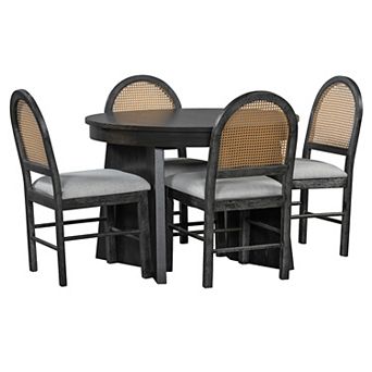 Whisen 5 pc Retro Extendable Dining Table Set, Round Dining Table Set with 4 Upholstered Chairs