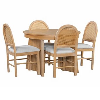 Whisen 5 pc Retro Extendable Dining Table Set, Round Dining Table Set with 4 Upholstered Chairs