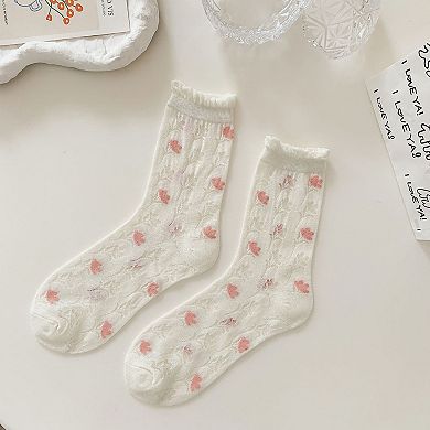 Women's Sheer Floral Embroidered Ankle Socks with Ruffle Cuff 6Pk