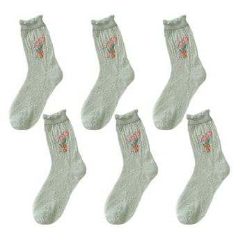 Women's Sheer Floral Embroidered Ankle Socks with Ruffle Cuff 6 pk