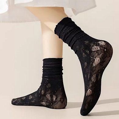 Women's Lace Liner Socks with Elastic Cuff and Floral Mesh Detail Soft Stretch 2-Pack