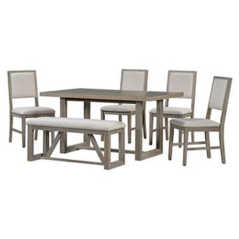 Whisen 6 pc Retro Dining Set with 4 Upholstered Chairs and 1 Bench